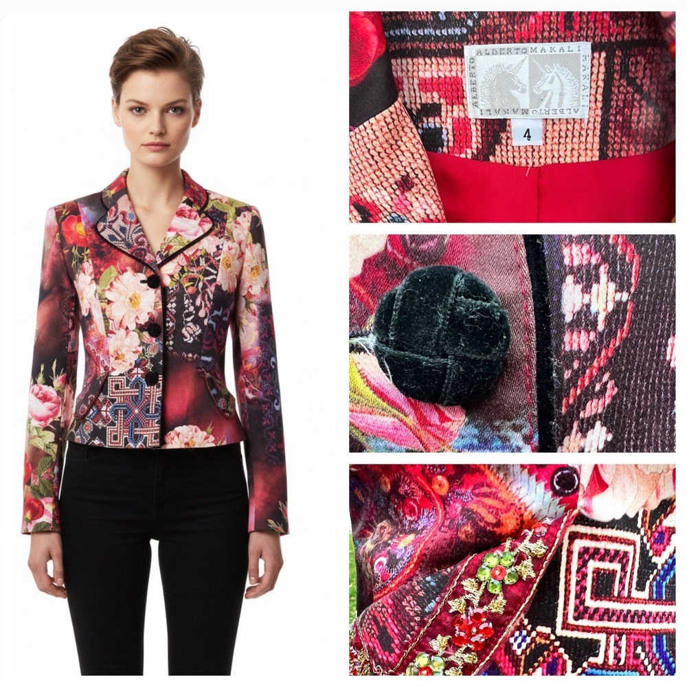 Vintage Alberto Makali Jacket Women Floral Embroidery Art To Wear 90 Collectible